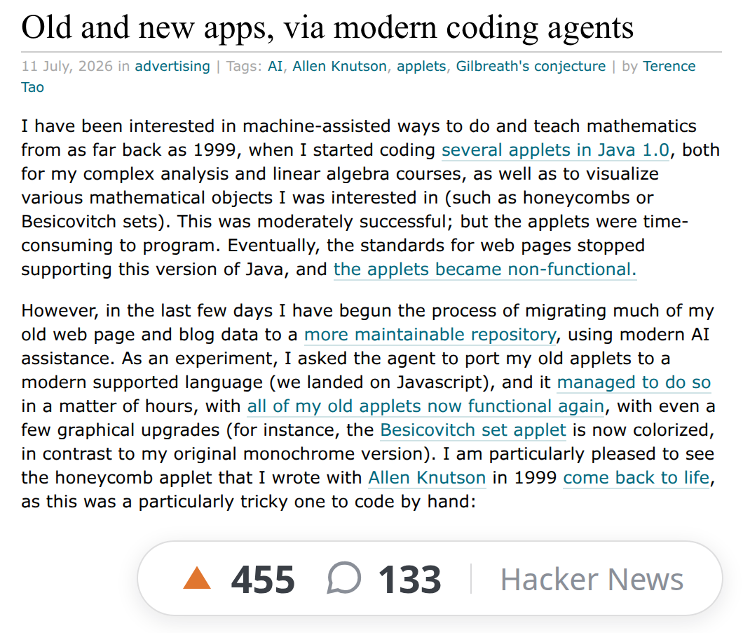 Terence Tao — “Old and new apps, via modern coding agents” (Jul 2026)